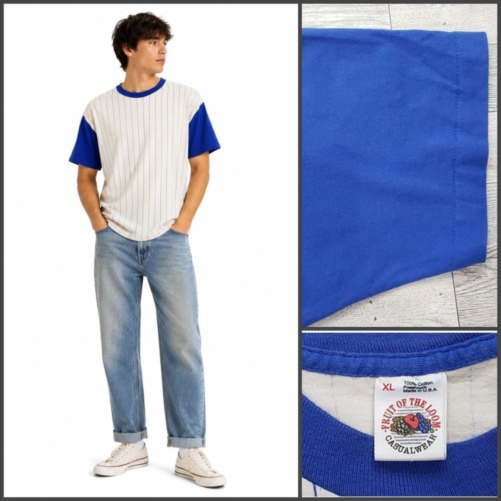 VTG Y2K Fruit of the Loom Single Stitch Pinstriped Baseball Tee USA Mens Size XL